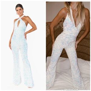 Show Me Your Mumu Studio Halter Jumpsuit in White Sparkle Sequin New with Tags!